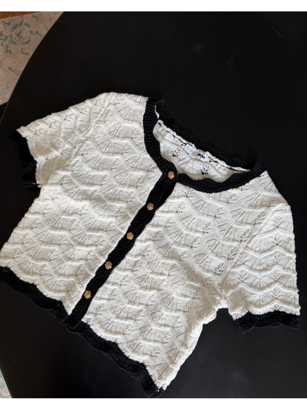 White Short Sleeve Knit Cardigan with Black Trim gold buttons classy